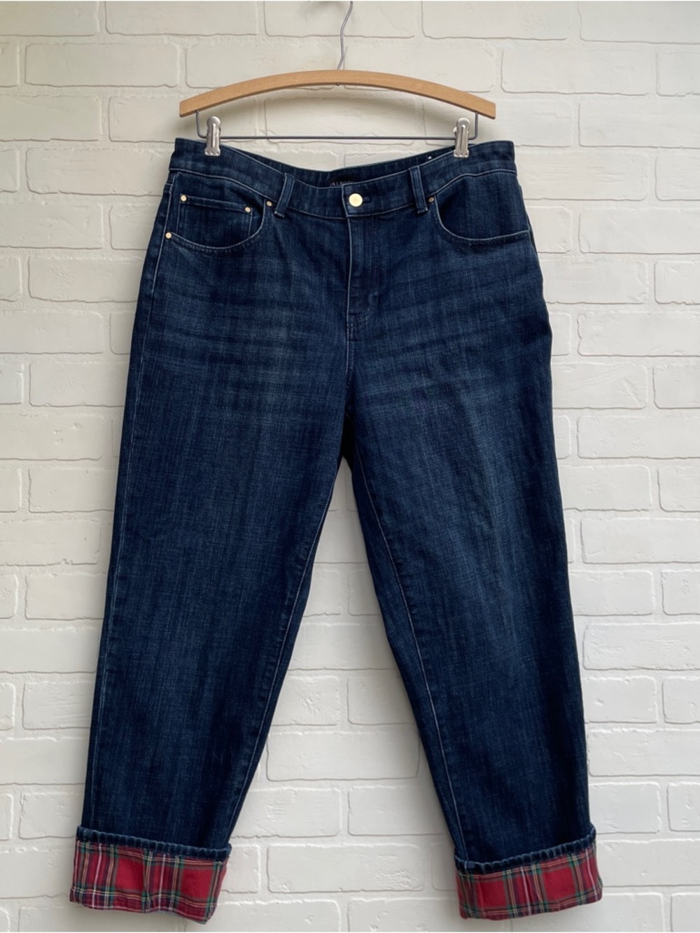 Talbots Dark Blue mid rise denim Jeans with Plaid Cuff